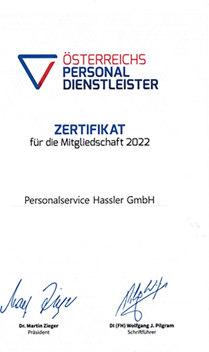 Zertifikat: Mitglied bei Österreichs Personaldienstleister